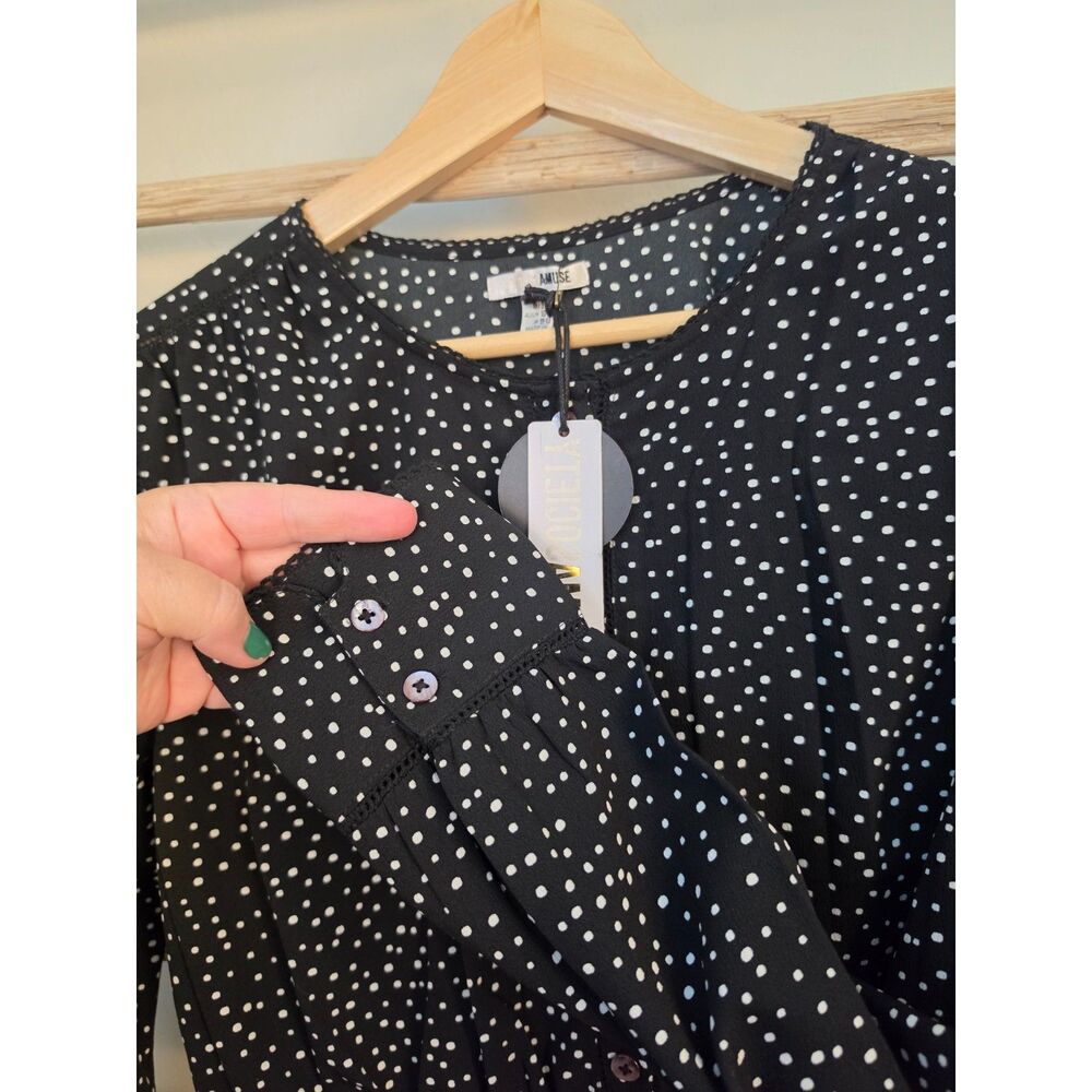 Amuse Society Black White Polka Dot Cropped Blouse Long Sleeve Size M